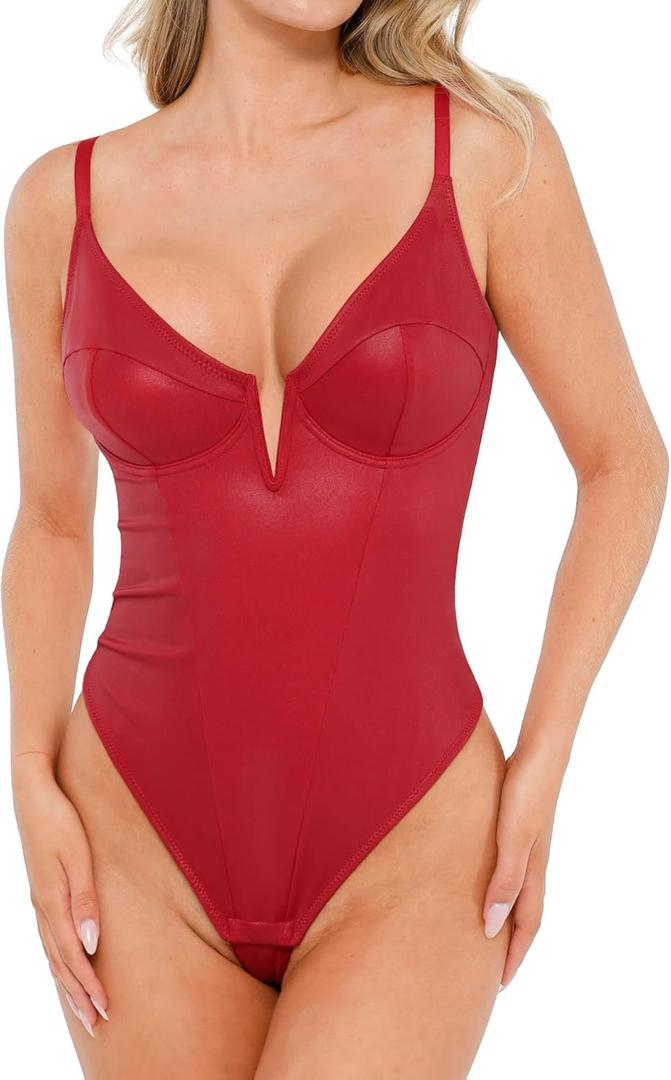 Popilush Body Suits for Womens Tummy Control - Faux Leather Bodysuit Deep V Neck Thong Sleeveless Corset Tank Top (Large, Red)