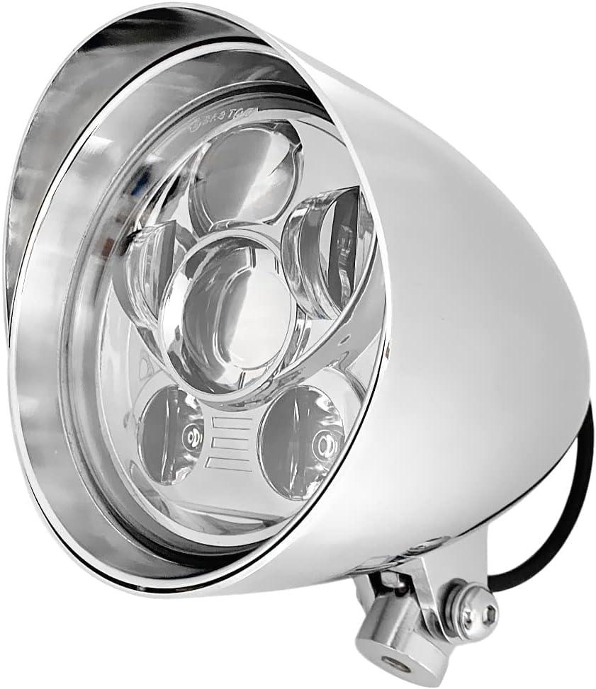 5.75" LED Motorcycle Headlights w/ Aluminum Visor Clear Lens 5 3/4 inch Bullet Vintage Head Light Lamp for Harley Sportster Dyna Softail Bobber Chopper Honda Yamaha Suzuki Kawasaki Custom Chrome