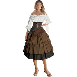 Women's Pirate Costume Retro Renaissance Cosutmes Women Layered Ruffle Viking Outfit Set, Small