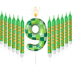 Zlongron 13 Pieces Birthday Cake Candles, Green Pixel Theme Birthday Candles, Suitable for Boys and Girls Birthdays, Gatherings, Parties, Celebrations Good Decoration Supplies (Number 9)