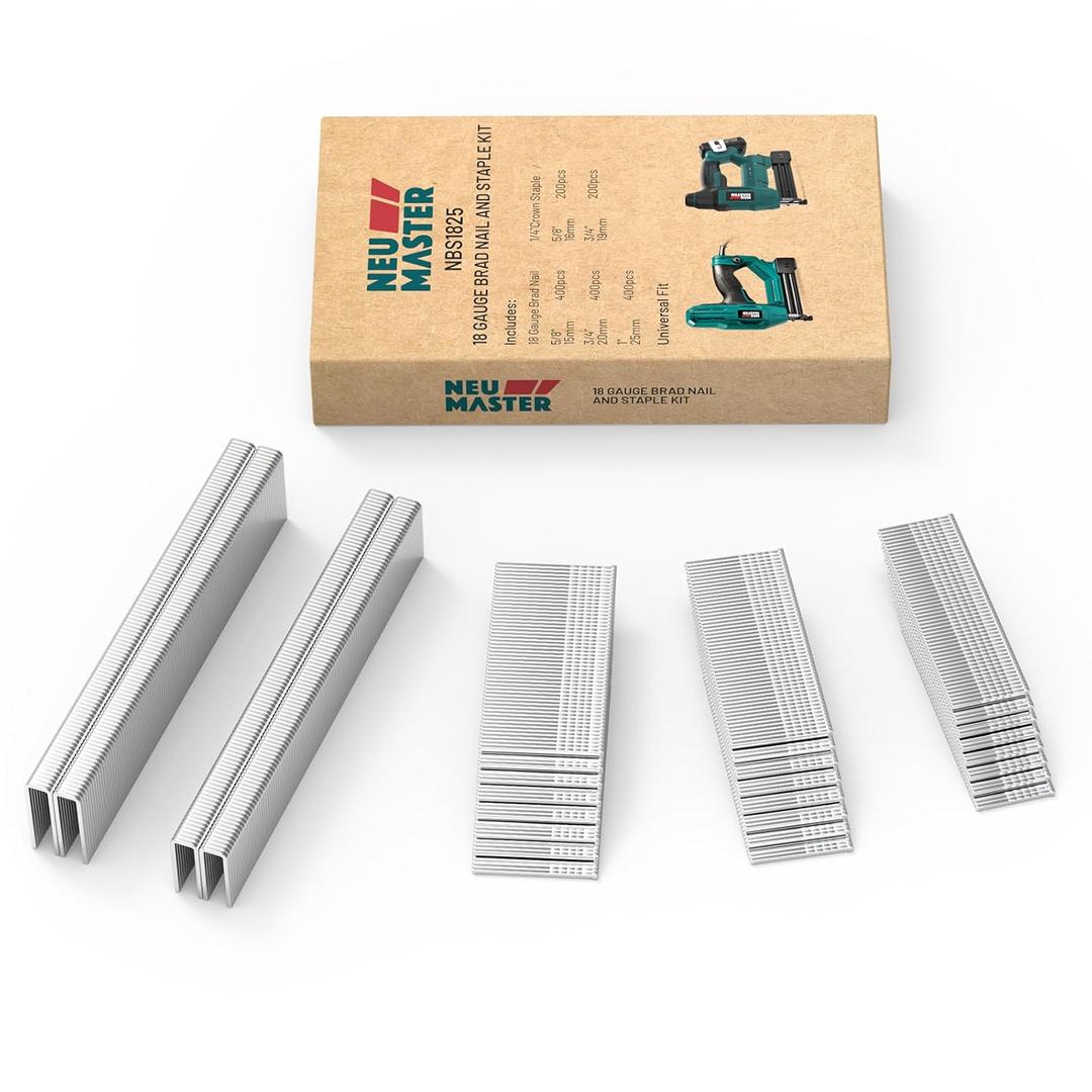NEU MASTER 18 Gauge Brad Nail (5/8", 3/4", 1") & 1/4" Narrow Crown Staple(3/4",5/8") 1,600 Counts Heavy Duty Upholstery Fastener Kit for Pneumatic/Electric Stapler Gun/Brad Nailer