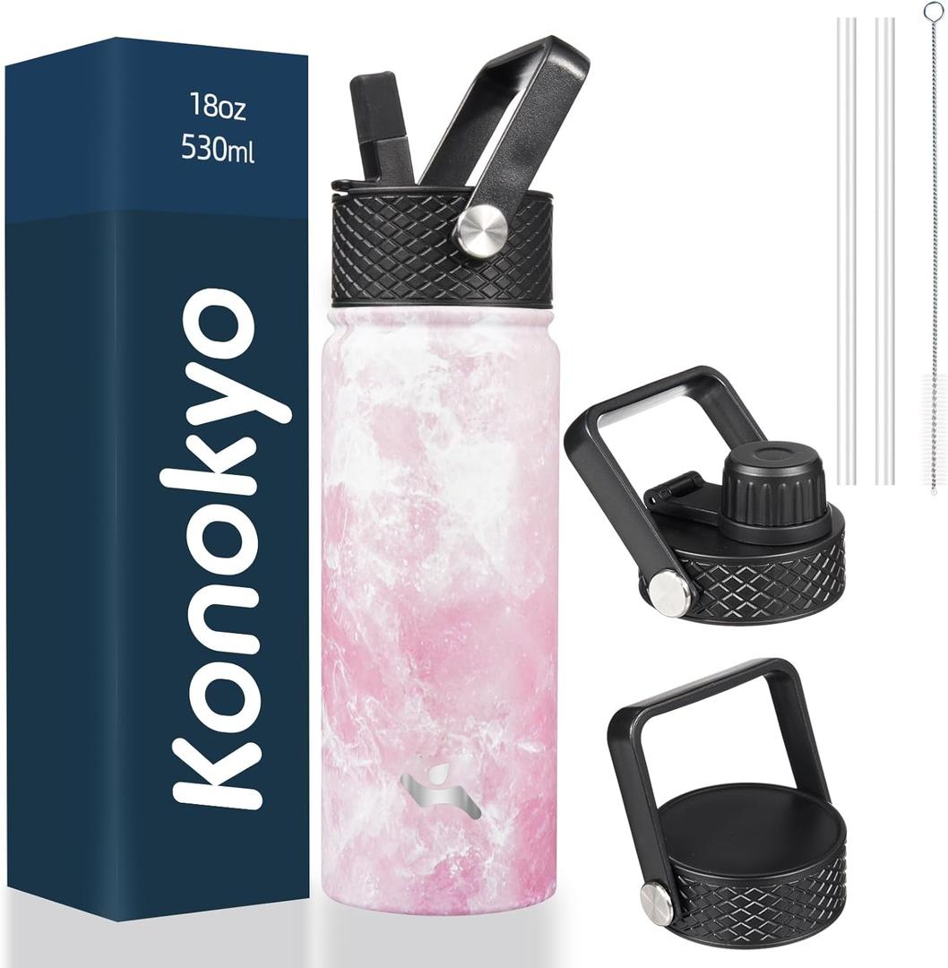 18 oz Insulated Water Bottle Stainless Steel Sport Bottles with 3 Lids,Marble Blossom (18 Ounces)