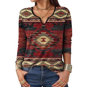 Flamingals Christmas Shirts Tops Women Notched Neck Shirts Tops Geometric Printed Graphic Long Sleeve Boho Shirt Tops Brick Red, 2XL 