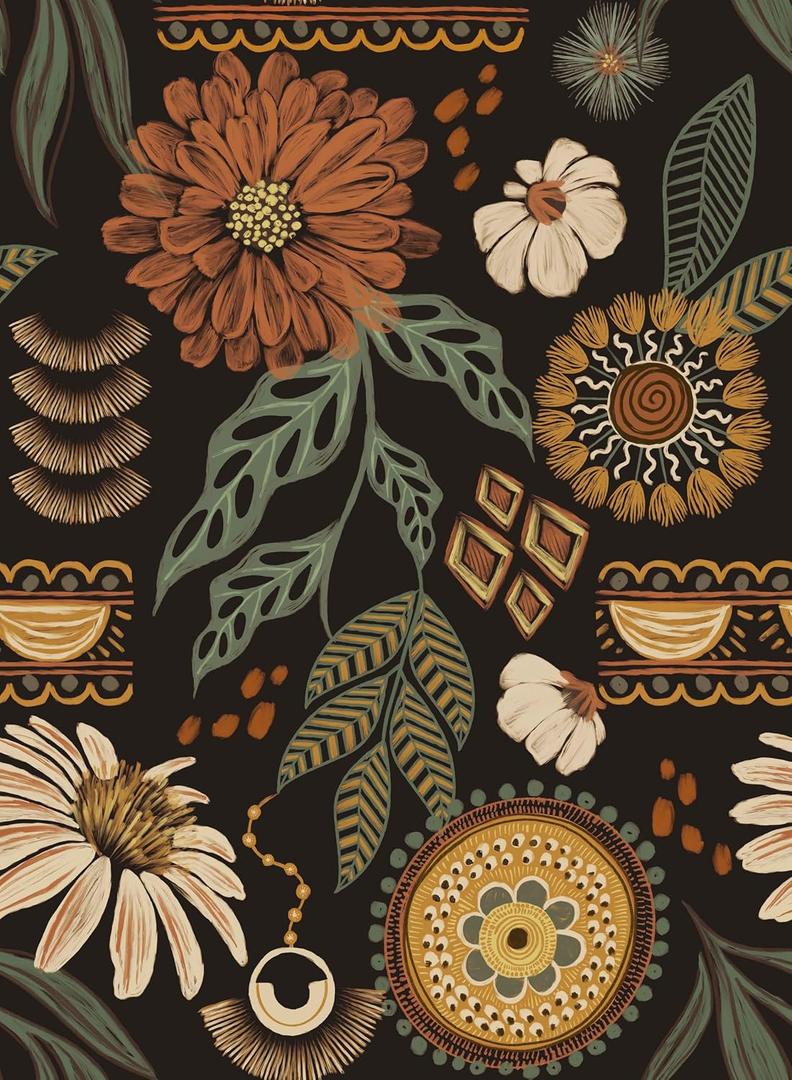 Simon&Siff Boho Floral Wallpaper Peel and Stick 17.3" x 80" | Sun Floral Retro Contact Paper Removable Self Adhesive Contact Paper, Renter Friendly for Cabinets, Furniture, DIY Decor