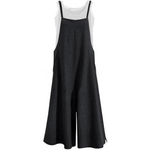 YESNO Women Casual Loose Long Bib Pants Wide Leg Jumpsuits Baggy Cotton Rompers Overalls with Pockets PZZTYP2 (X-Large, Black)