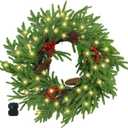 Ogrmar 20 Inch Christmas Wreath for Front Door, Real Touch Norfolk Pine Wreath with Light, Lighted Realistic Artificial Greenery Wreaths with PineCones & Berries for Wall Window Xmas Decor