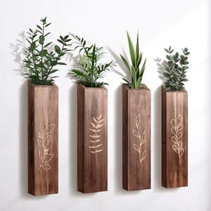 BOTOP 4 Pack Wood Indoor Wall Planter, Modern Boho Wall Decor for Living Room Bedroom, Farmhouse Pocket Vases for Dried Flowers and Faux Greenery Plants - Brown