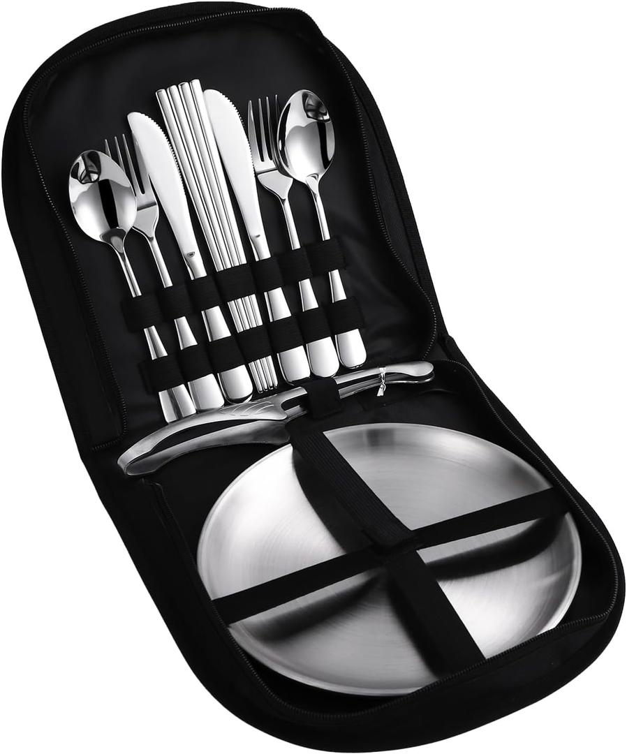 Stainless Steel Outdoor Camping Mess Kits - Includes Forks, Spoons, Knives, Chopsticks, Food Clip, Plates - Portable Cutlery Bag