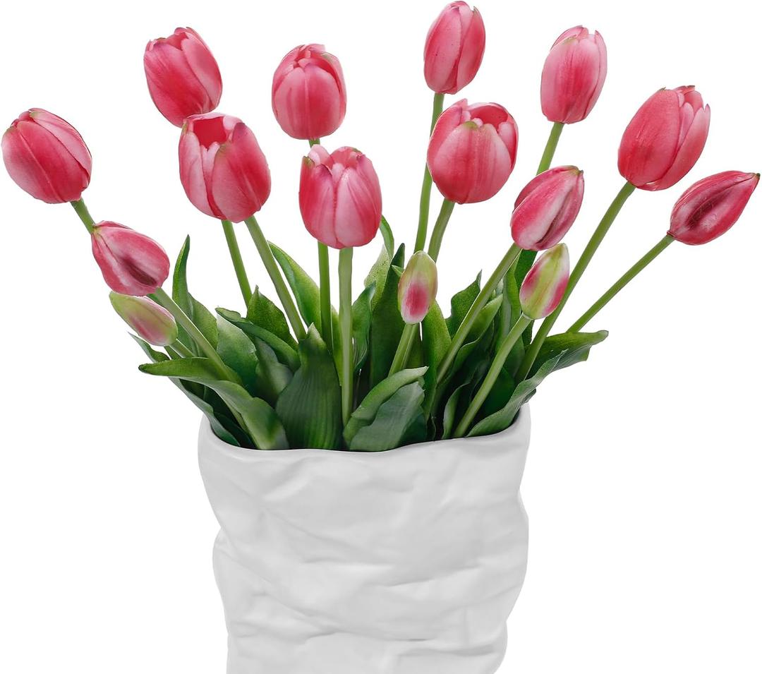 15 Pcs Deep Pink Artificial Tulips Fake Flowers, Premium Latex Lifelike Texture, UV Resistant Waterproof Faux Tulip Bouquets with Snap-on Petals for Outdoor, Home, Wedding Decor