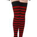 Moon Wood Womens Thigh High Socks Striped Knee High Socks Extra Long Cotton Knit Over the Knee Socks for Halloween (One Size, Black & Red)