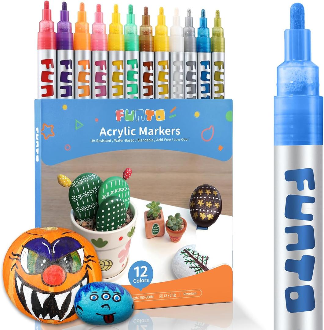 Funto Acrylic Paint Pens for Rock Painting, Fabric, Wood, Canvas, Metal, Ceramic, Glass, 12 Colors Paint Marker Set, Non-Toxic, Quick Drying