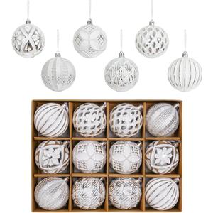 XmasExp Vintage Rustic Christmas Ball Ornaments Sets Farmhouse Distressed Christmas Tree Decorations Shatterproof Antique Traditional Style Xmas Hanging Ornaments Silver White, 12Pcs