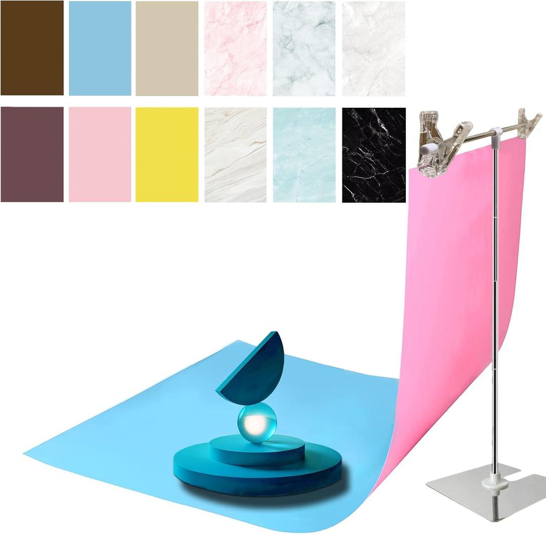 6PCS 12Patterns Double-Sided Photography Background Paper with Stand, Waterproof Reusable 34x23in Morandi Marbles Photo Tabletop Backdrops for Food Jewelry Cosmetics Makeup (Coffee Blue Pink)