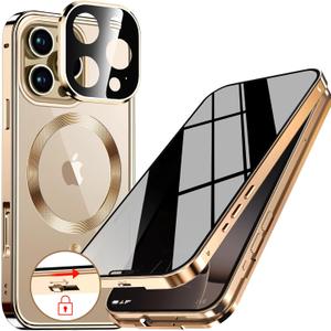 [CD Metal Ring & Automatic Pop-up Lock Magnetic Privacy Case for iPhone 16 Pro Max [Compatible with MagSafe] [Integrated Lens Protection] Full Body Bumper Cover with Built-in 9H Glass-Gold