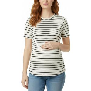 Motherhood Maternity Women's Short Sleeve Crew Neck Side Ruching Pregnancy Tee Shirt (Beige, M)