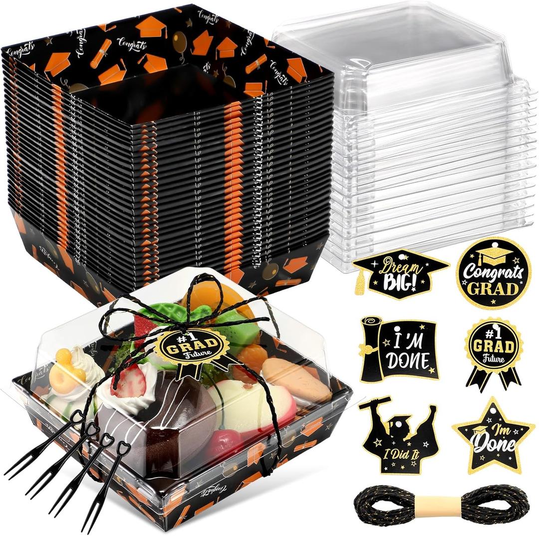 4 x Baderke 50 Set Graduation Paper Charcuterie Boxes with Clear Lids Forks Mini Charcuterie Box Disposable Dessert Boxes for Sandwich, Cookie, Sushi, Cake Slice, Strawberries(Black)
