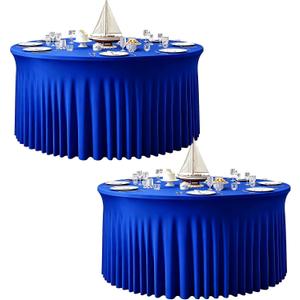 2 Pack 132inch Royal Blue Round Tablecloth, Circle Stretch Table Cloths for 6 FT Tables, Round Royal Blue Table Skirt for Wedding Birthday Photography Party Social Events Engagement Party Decorations