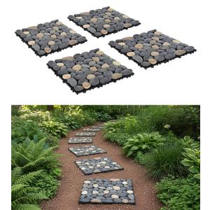 jxgzyy 4 Pcs Interlocking Stepping Stones Outdoor for Garden, 11.8" Square Pavers for Landscaping, Outside Pebble River Stone Mat for Yard Lawn Patio Pathway Walkway, DIY Landscape Decor - Multi-Color
