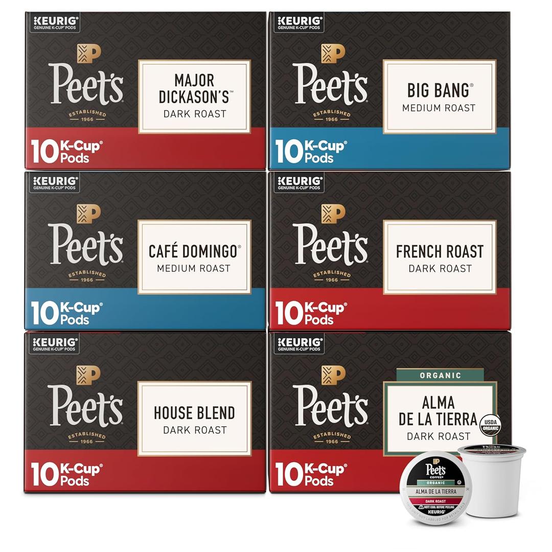 Peet's Coffee, Keurig K-Cup Pods Variety Pack, 100% Arabica Coffee - Major Dickason's Blend, Big Bang, French Roast, Caf Domingo, Organic Alma De La Tierra, House Blend, 60 CT (6 Boxes of 10 Pods) (EXP 05/27/27)