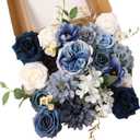 Dusty Blue Roses Silk Artificial Flowers Combo for DIY Bouquet Centerpieces Floral Arrangements, Navy Blue White Faux Flower with Stem Multi Use Wedding Party Home Decorations