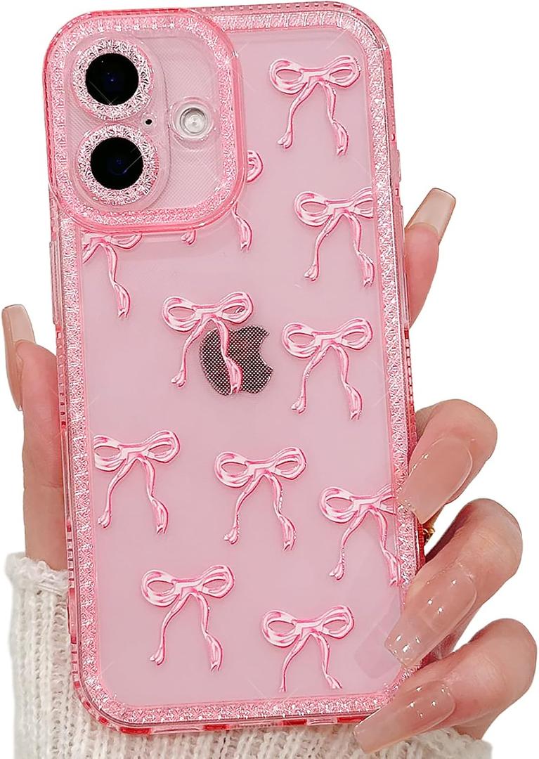 NITITOP Compatible with iPhone 16 Case Cute Clear Pink Glitter Bow Knot Design Shiny Star Sparkle Bling Diamond Girls Women Soft TPU Shockproof Protective Phone Cover - Large Bow