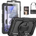 SEYMAC Case for Samsung Galaxy Tab A7 Lite 8.7" (SM-T220/ T225/ T227), Heavy Duty Full-Body Shockproof Protective Case with Screen Protector, Rotating Stand, Hand/Shoulder Strap, Black