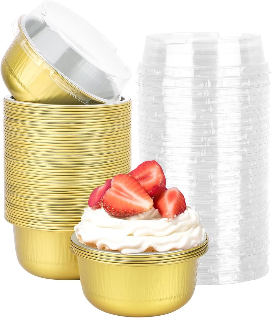 Beasea Aluminum Ramekins With Lids, 50 Pack 6.1oz 180ml Disposable Foil Aluminum Baking Cups Round Oven Baking Mini Cupcake Cups for Party - Gold