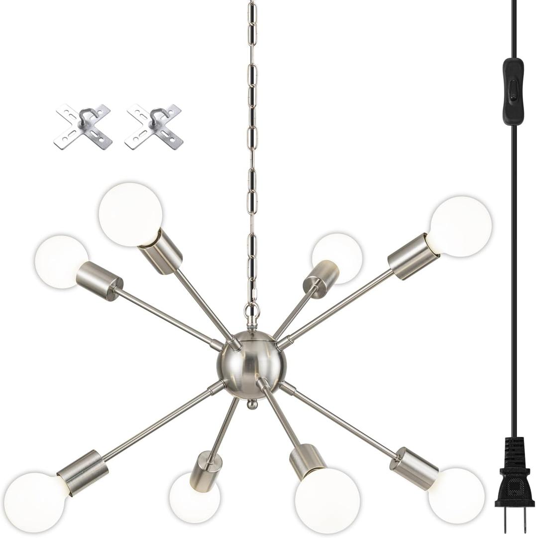 SineRise Plug-in Sputnik Chandeliers Brushed Nickel, 8 Lights Modern Sputnik Lighting Fixture with Adjustable Height for Dining Room, Living Room, Kitchen, Bedroom and Hallway