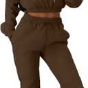 LovelyWholesale Women 2 Piece Outfits Long Sleeve Crop Hoodies and Pants Sweatsuit Set Brown Medium