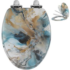Angol Shiold Marble Elongated Resin Toilet Seat Soft Close Quick Release Metal Zinc Alloy Hinge Easy to Install also Easy to Clean, Decorative Acrylic Seats (19 Inch, Modern Green Marble Art Print)