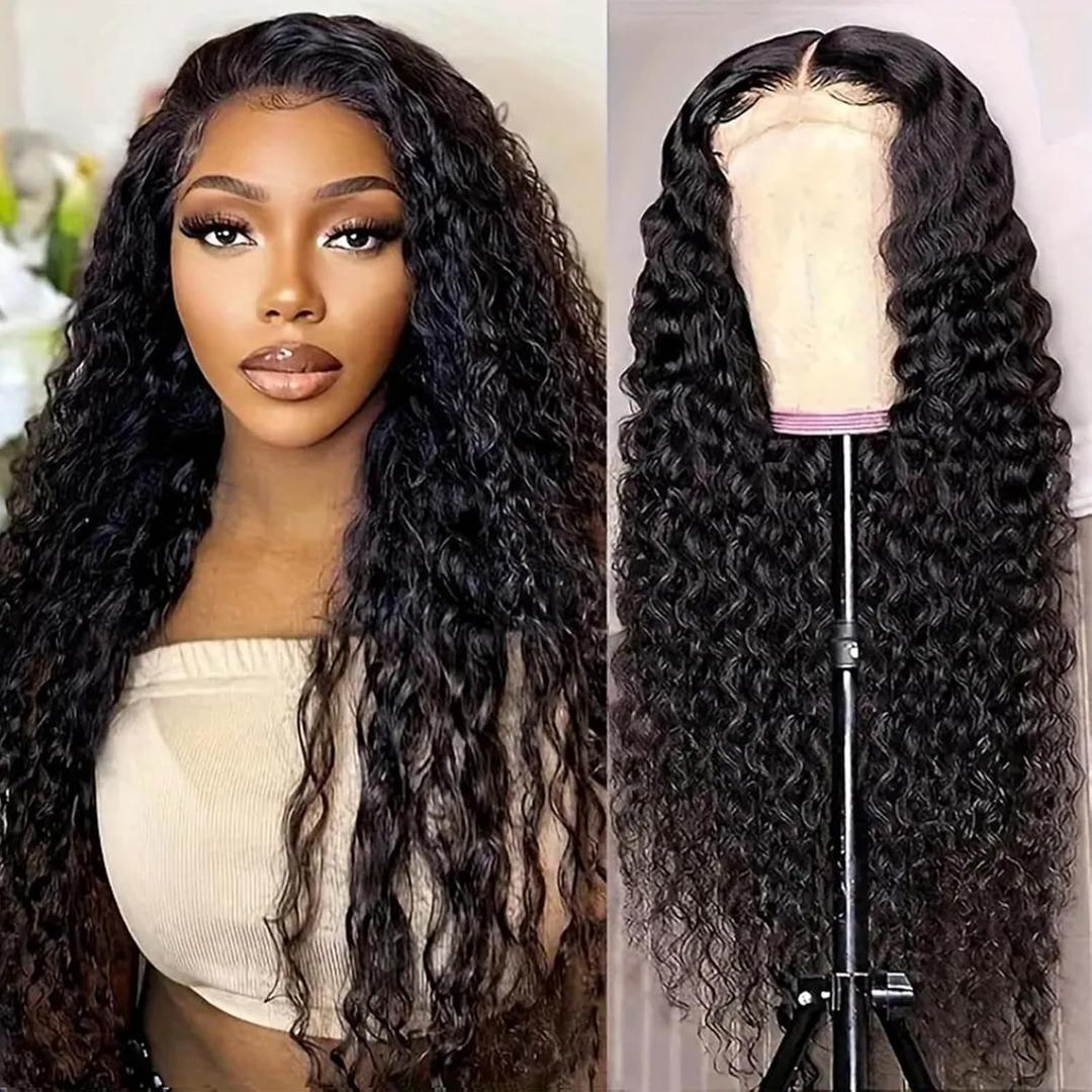Lace Front Wigs Human Hair Pre-Plucked 30 Inch Natural Black Deep Water Wave Wigs Artificial Body Wave Frontal Wigs HD Transparent High-Density Emulation Lace Wigs for Black Women