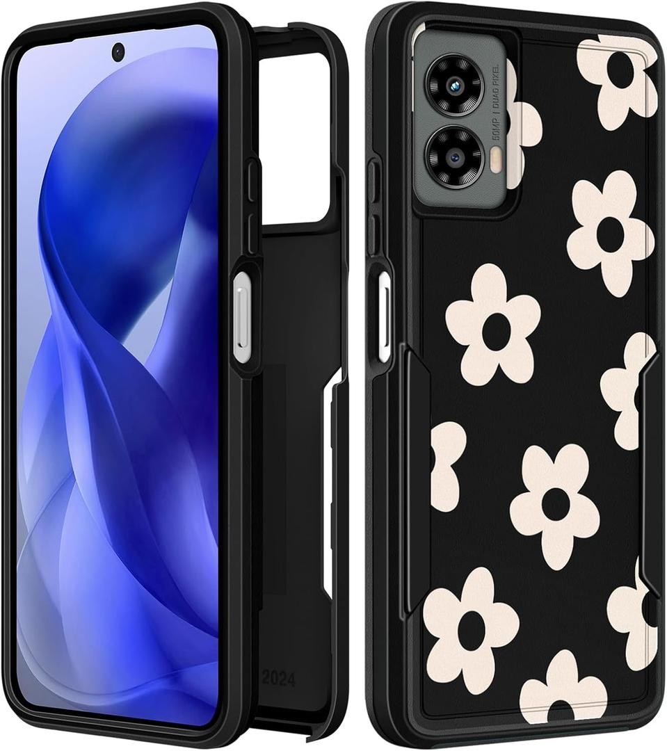 for Moto G 5G 2024 Case Women - Cute Girls Phone Cover Kawaii Girly Aesthetic Unique Design Black Flower Heavy Duty Protective Shockproof Military Grade Teens for Motorola Moto G 5G 2024 Cases