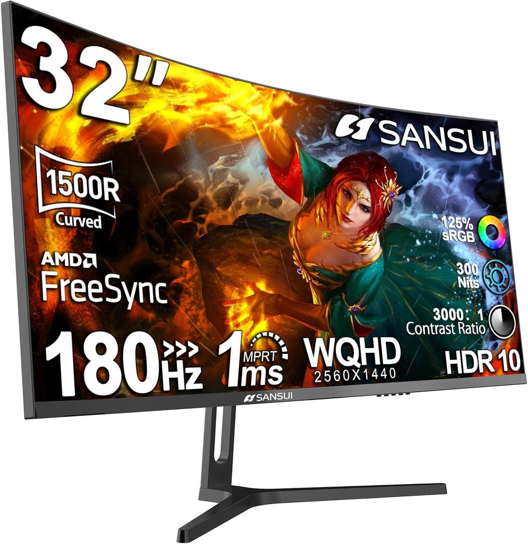 SANSUI 32-Inch Curved Gaming Monitor WQHD 2560 x 1440 180Hz Curved 1500R -1ms(OD), HDR, 300nits, sRGB 125%, DCI-P3 95%, FreeSync, HDMI x2, DP1.2x2(ES-G32C3 DP Cable Included) (32in WQHD Curved)