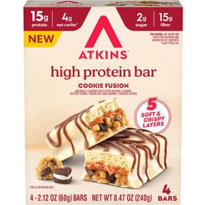 2 x Atkins High Protein Bars, Cookie Fusion Flavor, 15g of Protein, 4g Net Carbs, Keto Protein Bars, Low Sugar, 4 Count