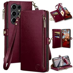 XcaseBar compatible with Samsung Galaxy S22 Wallet case with Zipper Credit Card Holder【RFID Blocking】,Flip Folio Book PU Leather Phone case Shockproof Cover Women Men for S25 Ultra case Wine Red
