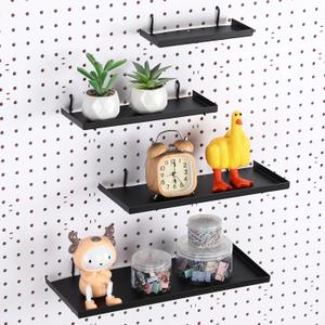Lineshading 4 Pcs Pegboard Shelves, 7X 3'', 10 x 4'', 12 x 5 Inch, 14 x 6 Inch Metal Shelf Brackets Pegboard Tray Accessories Wall Organizer for Craft Room Home Garage Nursery (Black)
