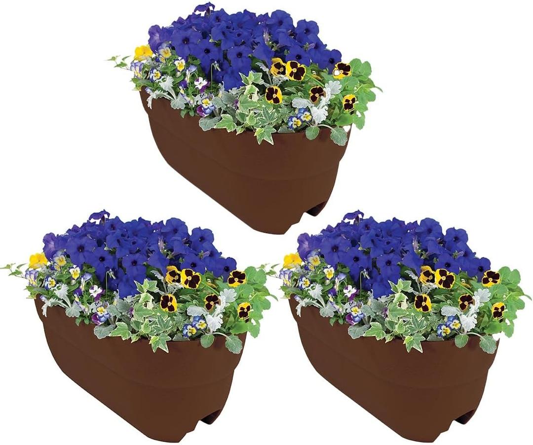 Emsco Group Bloomers Railing Planter with Drainage Holes - 24" Weatherproof Resin Planter - Earth Brown (3 Pack)