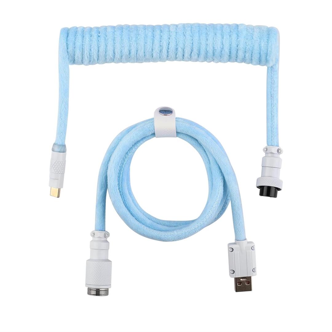 EPOMAKER FurMix Custom Coiled Keyboard Cable, 1.5m USB-C to USB-A Double-Sleeved Cable for Mechanical Keyboard, with Detachable 5-Pin Metal Aviator Connector for Gaming Keyboard (Blue)