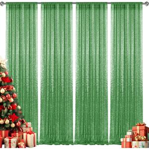 28FT-4PCS Grass Green Sequin Backdrop Curtains Panels, Photography Backdrop Glitter Curtains Fabric Background for Christmas Wedding Party Decor