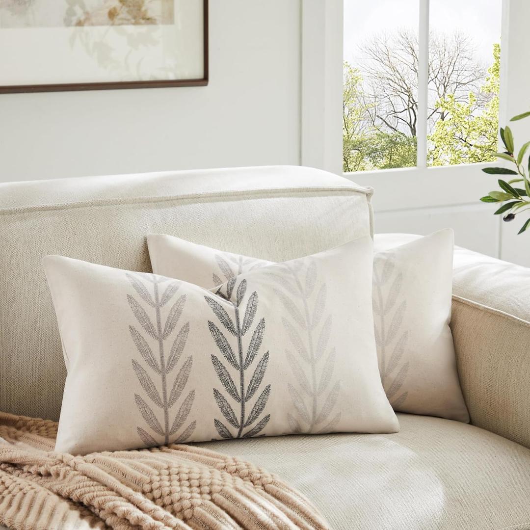 100% Cotton Farmhouse Leaves Lumbar Throw Pillow Covers Set of 2, 12x20 Inch Mixed Grey Pastoral Decorative Print Cushion Covers for Sofa Bed Living Room Home Decor