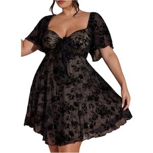 BEAUDRM Women's Plus Size Floral Ruffle Short Dress Mesh Tie Front Short Sleeve Sweetheart Neck A Line Flowy Dresses,XXL plus