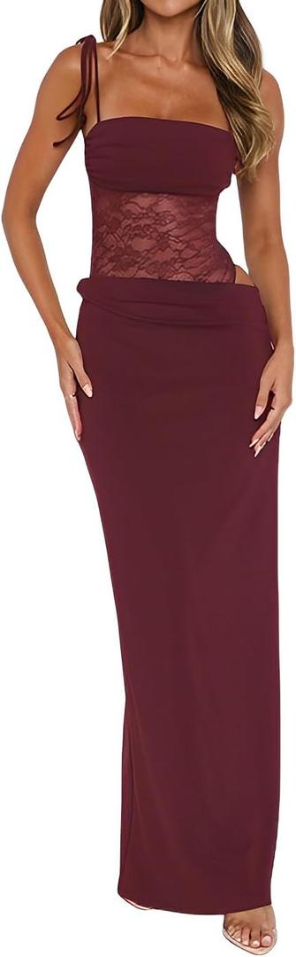 Women's Lace Splicing Cutout Maxi Dress Square Neck Sleeveless Bodycon Long Dress with Sheer Corset (M)
