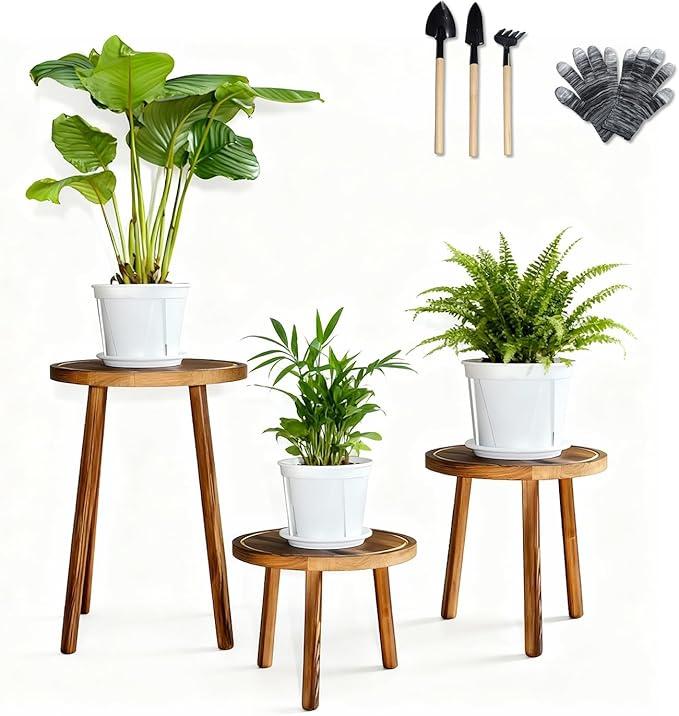 3 PCS Wood Plant Stands Indoor, Three Sizes of Plant Stands Suitable for 6-15 Inch Pots, Single Plant Holder and Wood Stool, Mid-century Modern Plant Pot Stand, Tall and Short Flower Pot Stand