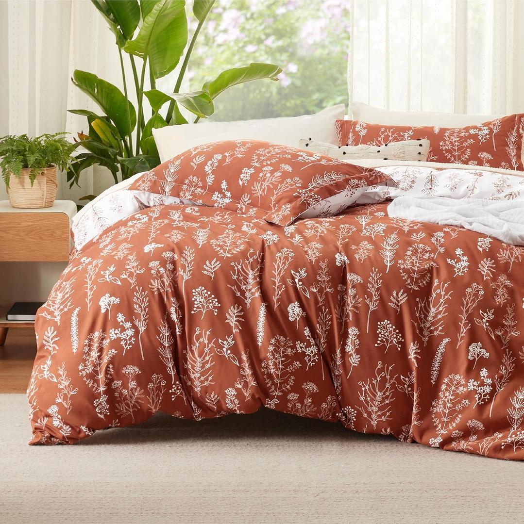Bedsure Duvet Cover Full Size - Reversible Terracotta Full Duvet Cover Set with Zipper Closure, 3 Pieces Cute Floral Botanical Bedding Set with 8 Corner Ties and 2 Pillow Shams