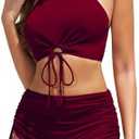 Sucrefas Women High Waisted Shorts Bikini Sets Tummy Control Swimsuit Two Piece Halter Drawstring Bathing Suit S