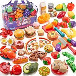 Pretend Play Food for Kids Kitchen - 78Pc Cutting Toy with Storage Bag, Toys Veggies, Fruits, Fake Pizza Toy, Food, Accessories, Boys Girls Gift, 9.5 x 7 x 6 in (ZY-78)