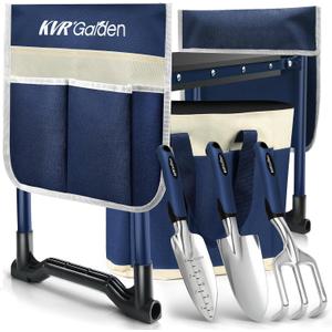 KVR Garden Kneeler and Seat Set 7-Piece Upgraded - Heavy Duty Foldable Bench & Stool with 3 Aluminum Tools, 2 Non-Slip Pouches & Tote Bag - Gardening Chair Gifts for Seniors, Women, Mom