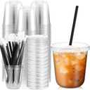 Ziliny 100 Set 12 oz Clear Plastic Cups with Lids and Straws, Disposable Iced Coffee PET Cups for Drinking Cold Beverage Juice Parfait Smoothie Milkshake Coffee Shops Party Supplies