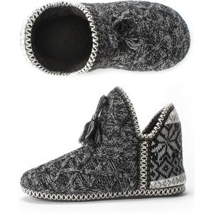 Women's Cozy Knit Slipper Boots Memory Foam Non-slip Indoor Outdoor Warm House Booties (Black)