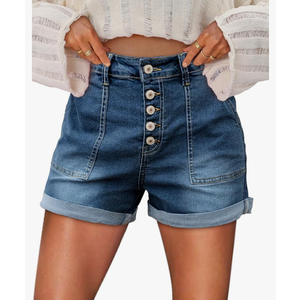 KISSMODA Denim Shorts Women Trendy Button Summer Cut Off Short Womens Jean Shorts High Waisted Denim Hot Ripped Shorts, Size Large